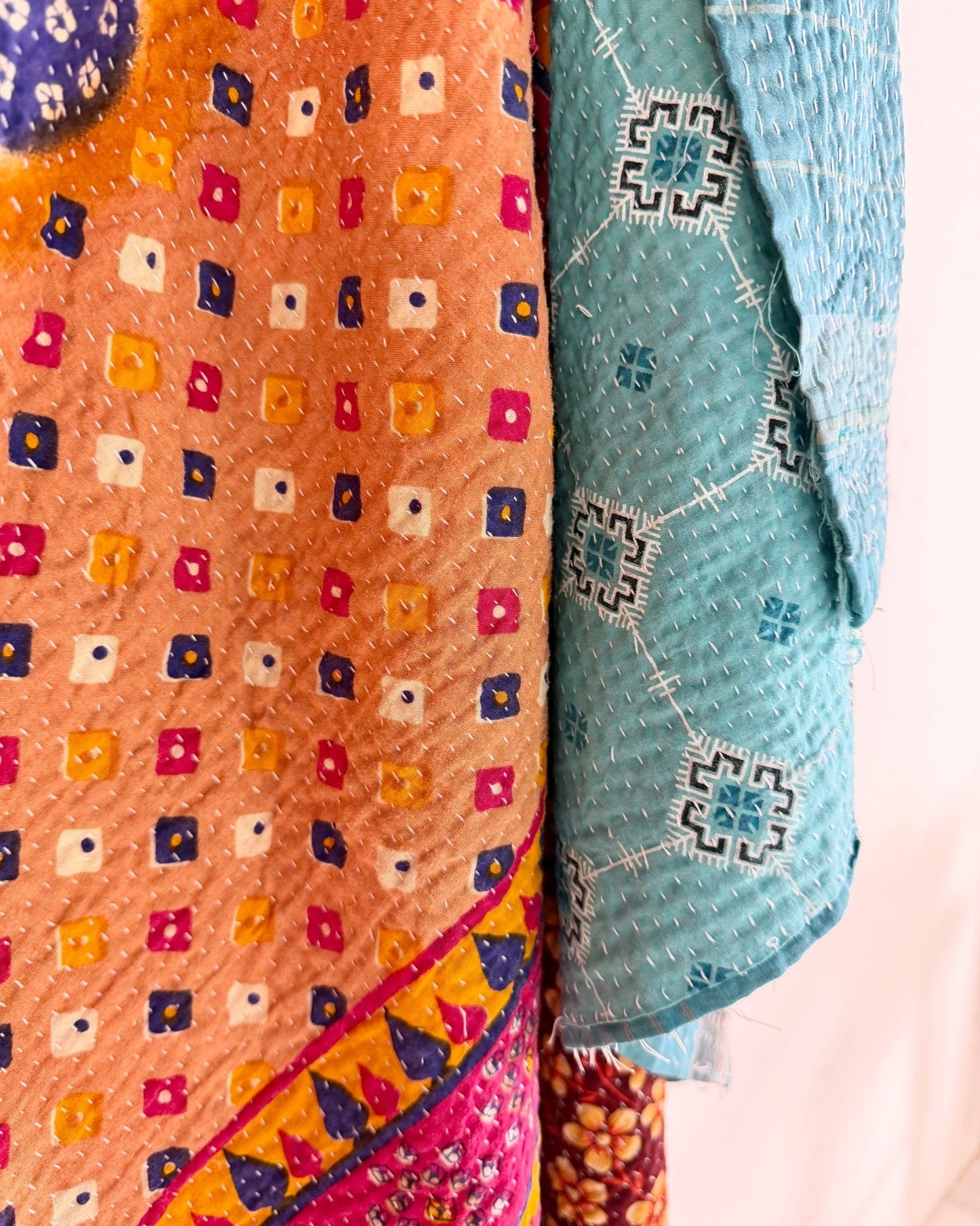 Large Fine Stitched Vintage Kantha Quilt in Pink, Turquoise and Yellow - Biggs & Hill