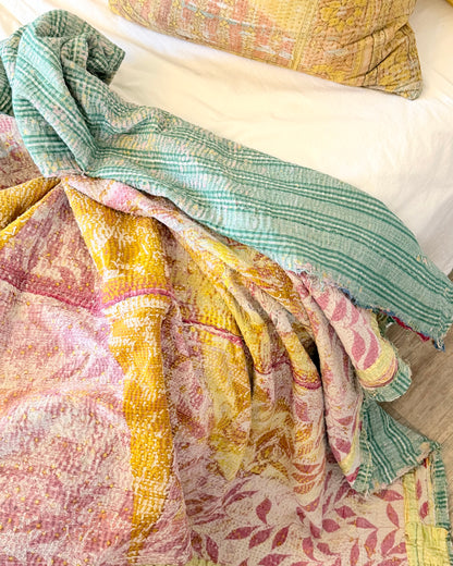 Textured Vintage Kantha Quilt In Pink and Yellow