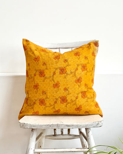 Vintage Kantha Cushion In Yellow Floral - 45cm Square