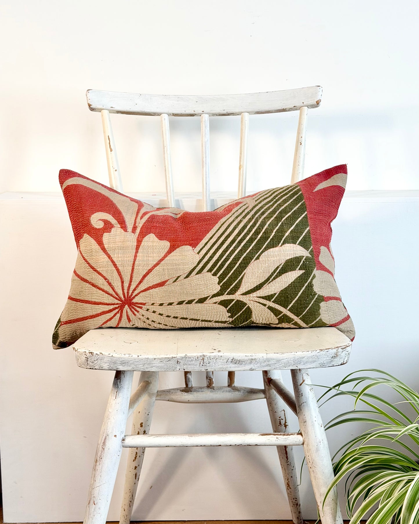 Vintage Kantha Cushion In Forest Green and Pink - Small Rectangular