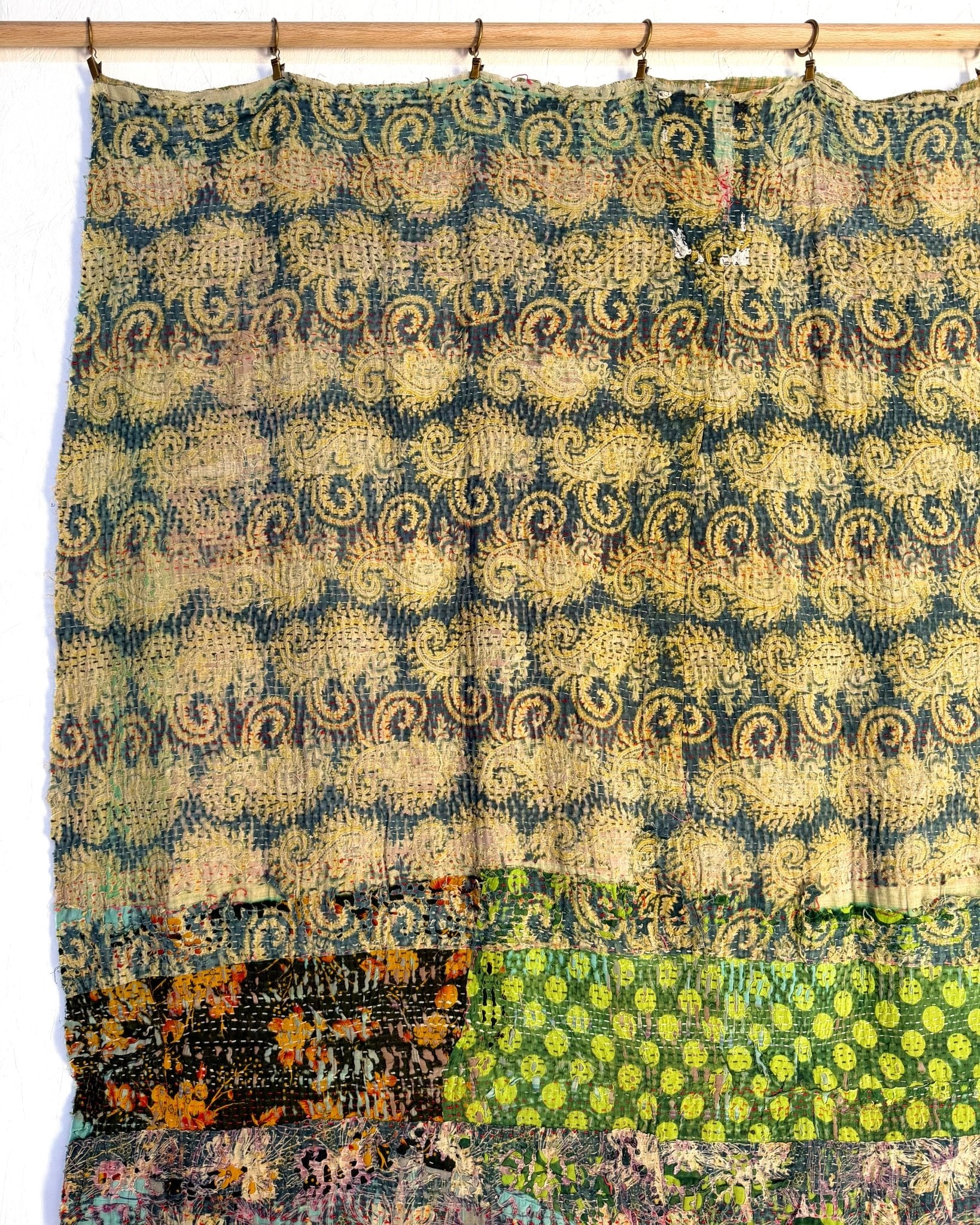 Textured Vintage Kantha Quilt In Green and Gold - Biggs & Hill