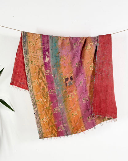 Textured Vintage Kantha Quilt in Pink and Yellow Stripes - Biggs & Hill