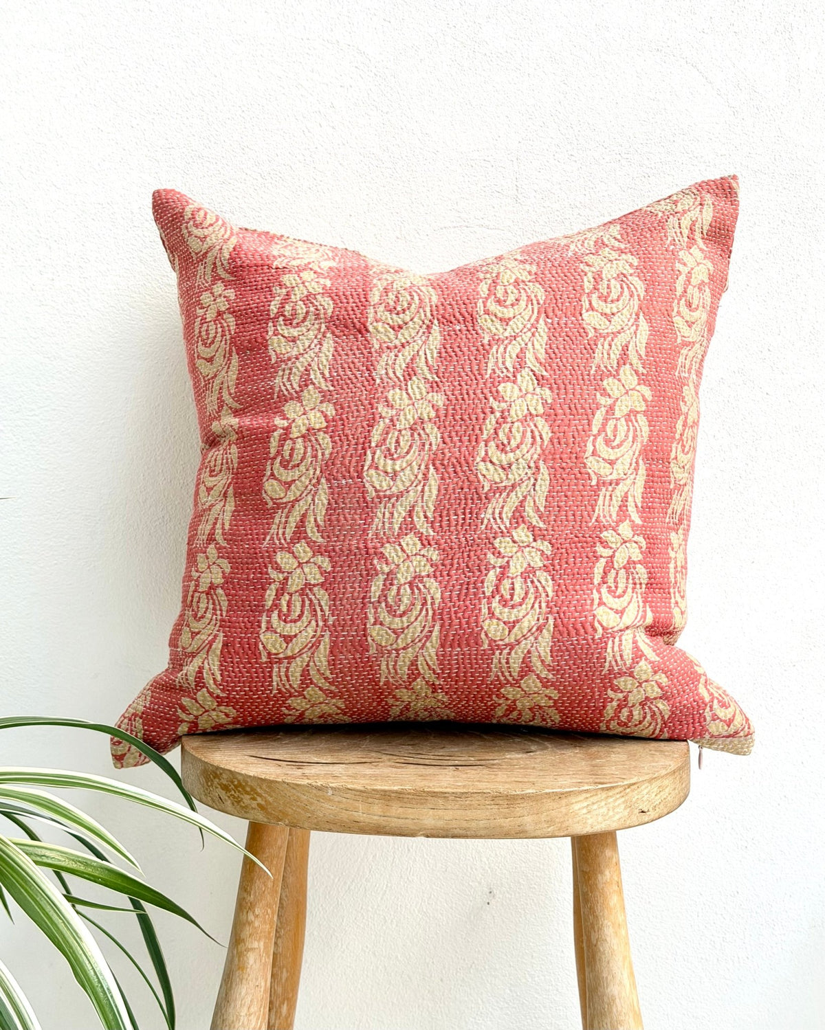 Handmade Vintage Kantha Cushion Cover In Pink and Beige - 45cm (18") - Biggs & Hill
