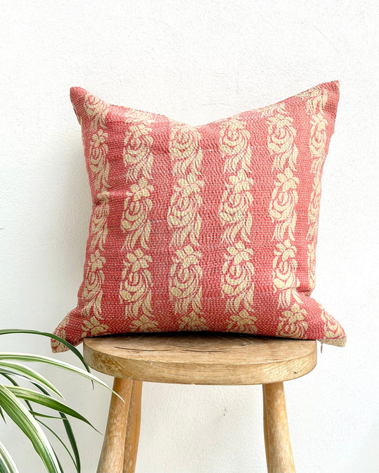 Handmade Vintage Kantha Cushion Cover In Pink and Beige - 45cm (18") - Biggs & Hill