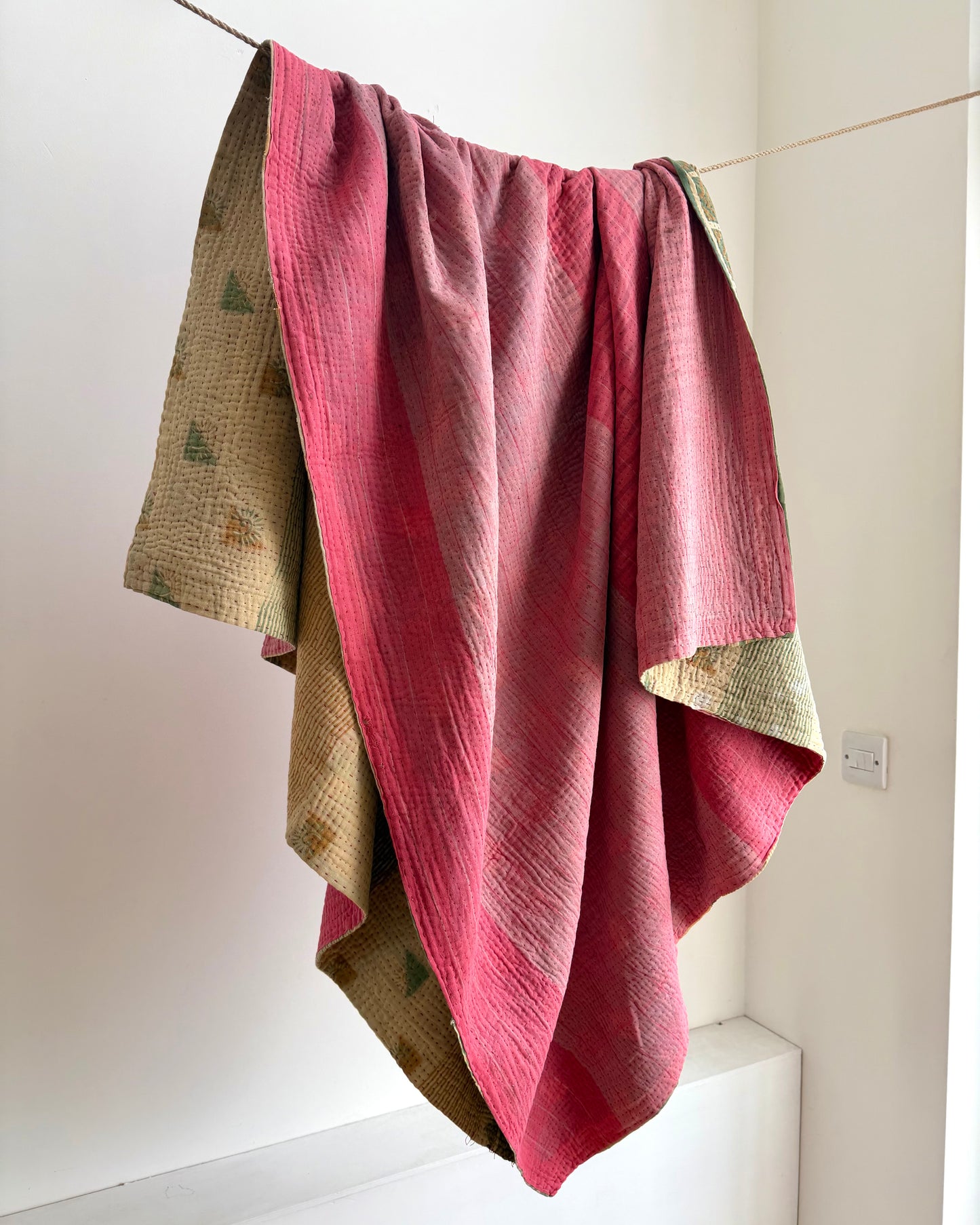 Fine Stitched Vintage Kantha Quilt in Super Soft Pink and Olive Green