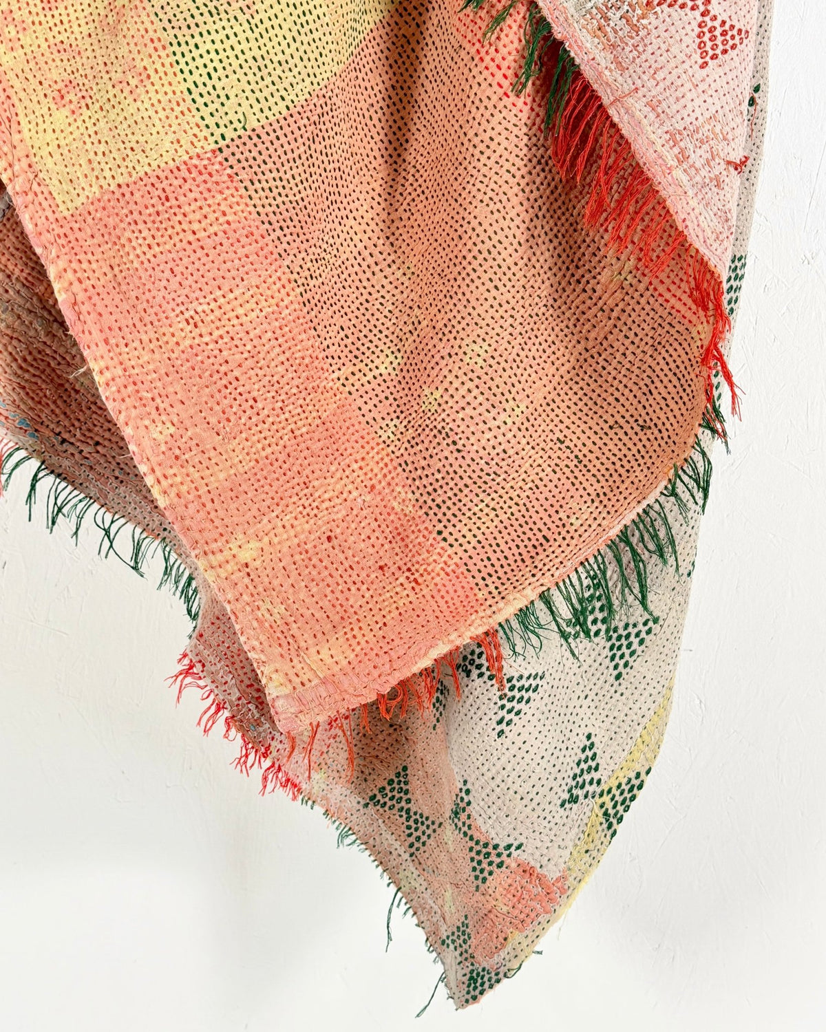Embroidered Vintage Kantha Quilt in Peachy Pink, Yellow and White - Biggs & Hill