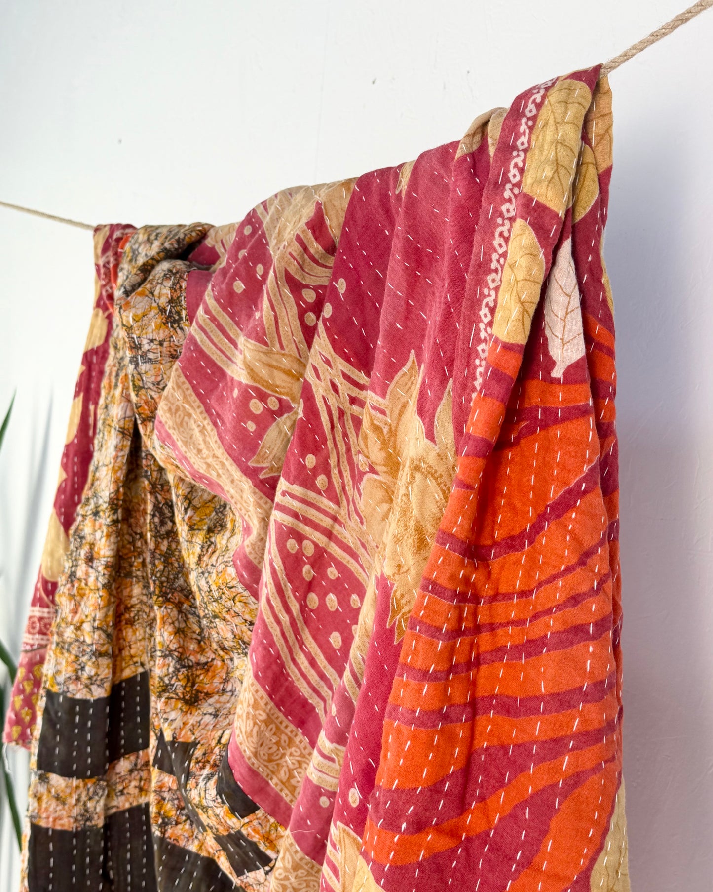 Vintage Cotton Kantha Quilt In Orange, Pink and Black #50