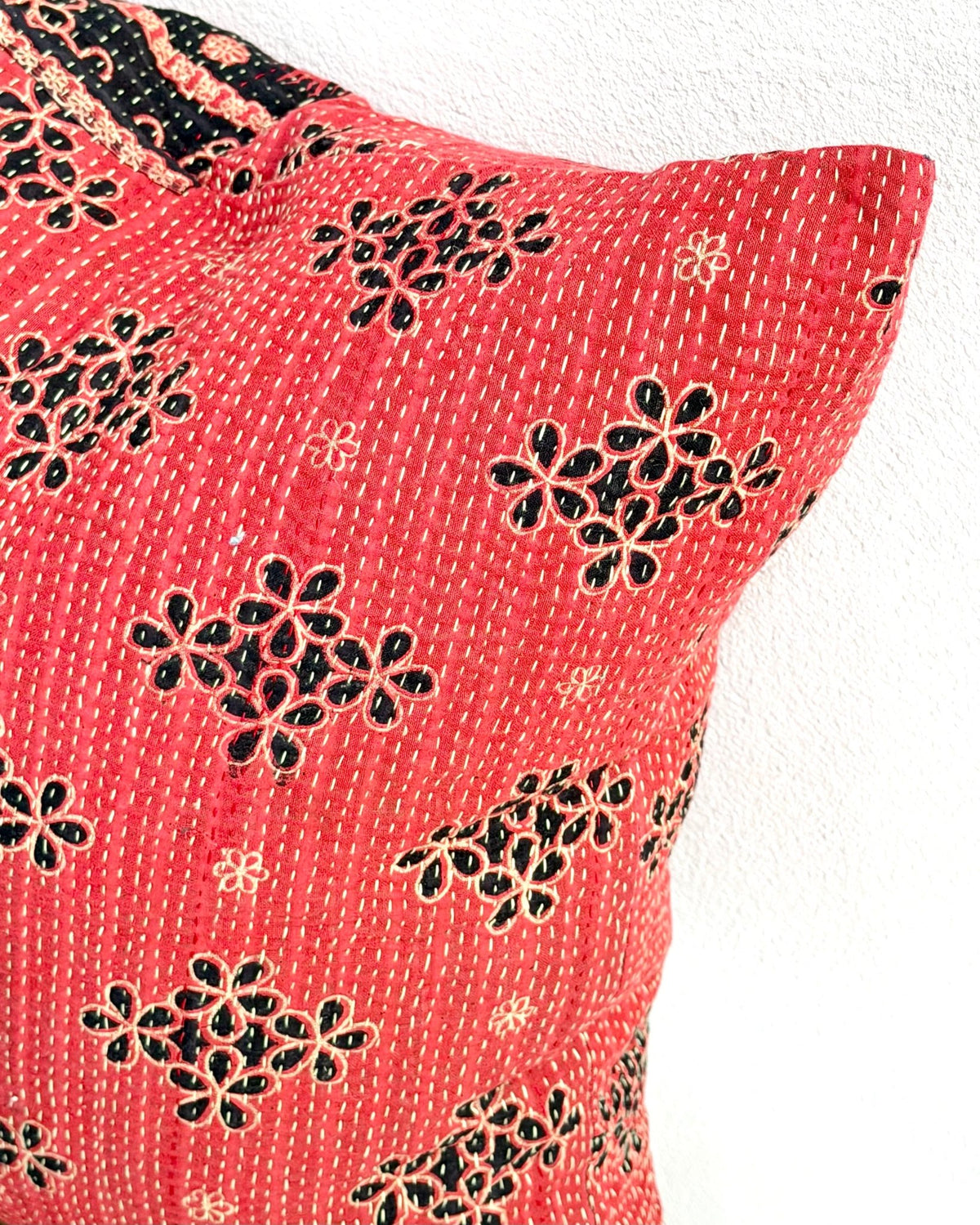 Handmade Reversible Vintage Kantha Cushion Cover In Red and Black - 45cm (18") - Biggs & Hill