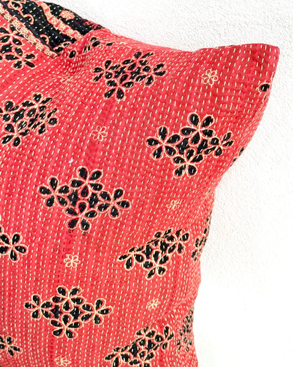 Handmade Reversible Vintage Kantha Cushion Cover In Red and Black - 45cm (18") - Biggs & Hill