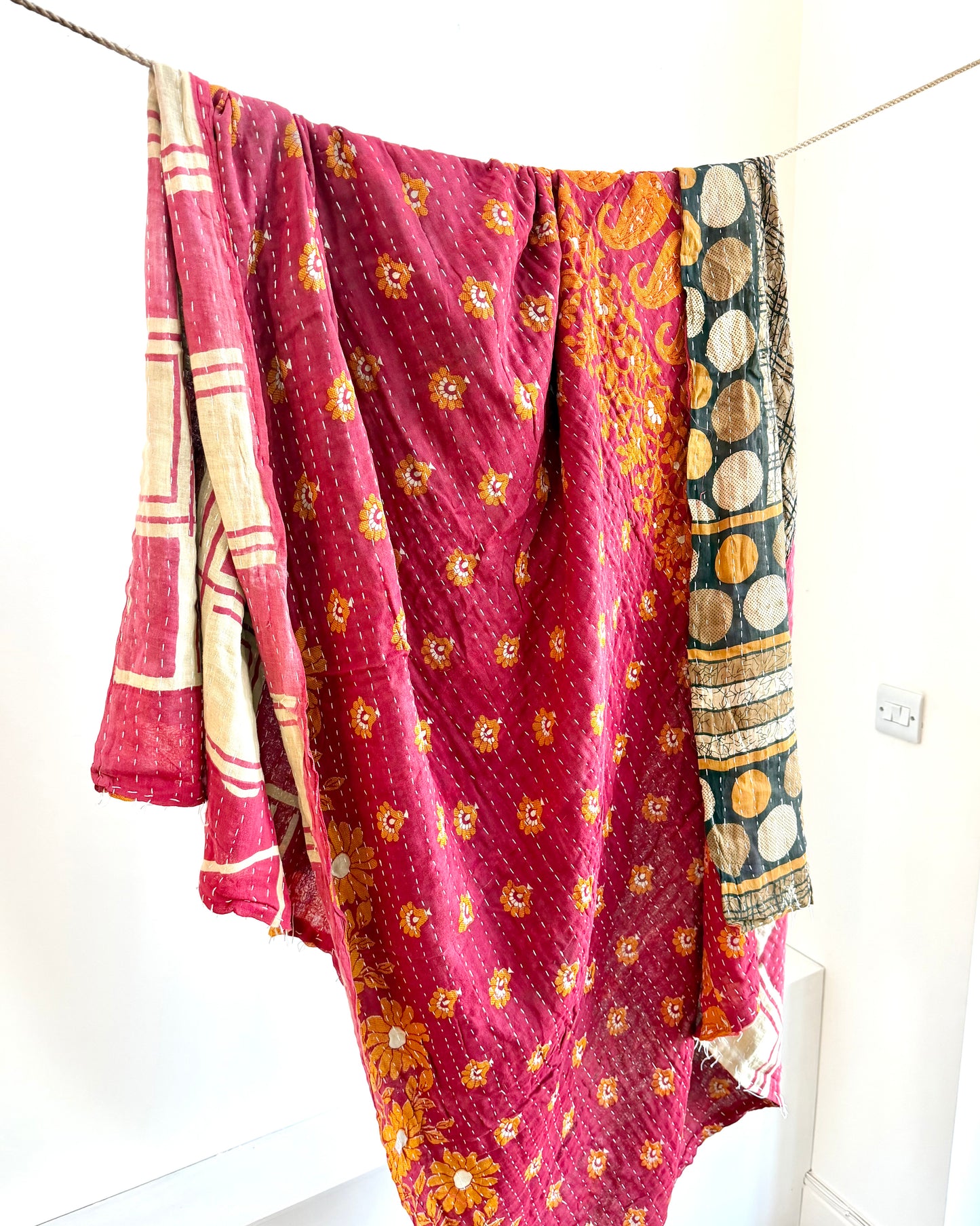 Vintage Cotton Kantha Quilt With Pink Square Pattern #37