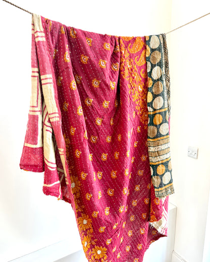 Vintage Cotton Kantha Quilt With Pink Square Pattern #37