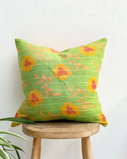 Handmade Reversible Vintage Kantha Cushion Cover In Green and Yellow - 45cm (18") - Biggs & Hill