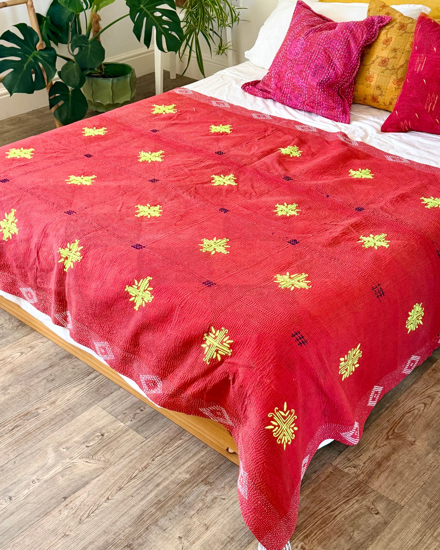 Large Embroidered Vintage Kantha Quilt in Red with Neon Embroidery