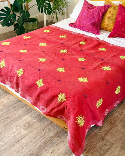 Large Embroidered Vintage Kantha Quilt in Red with Neon Embroidery