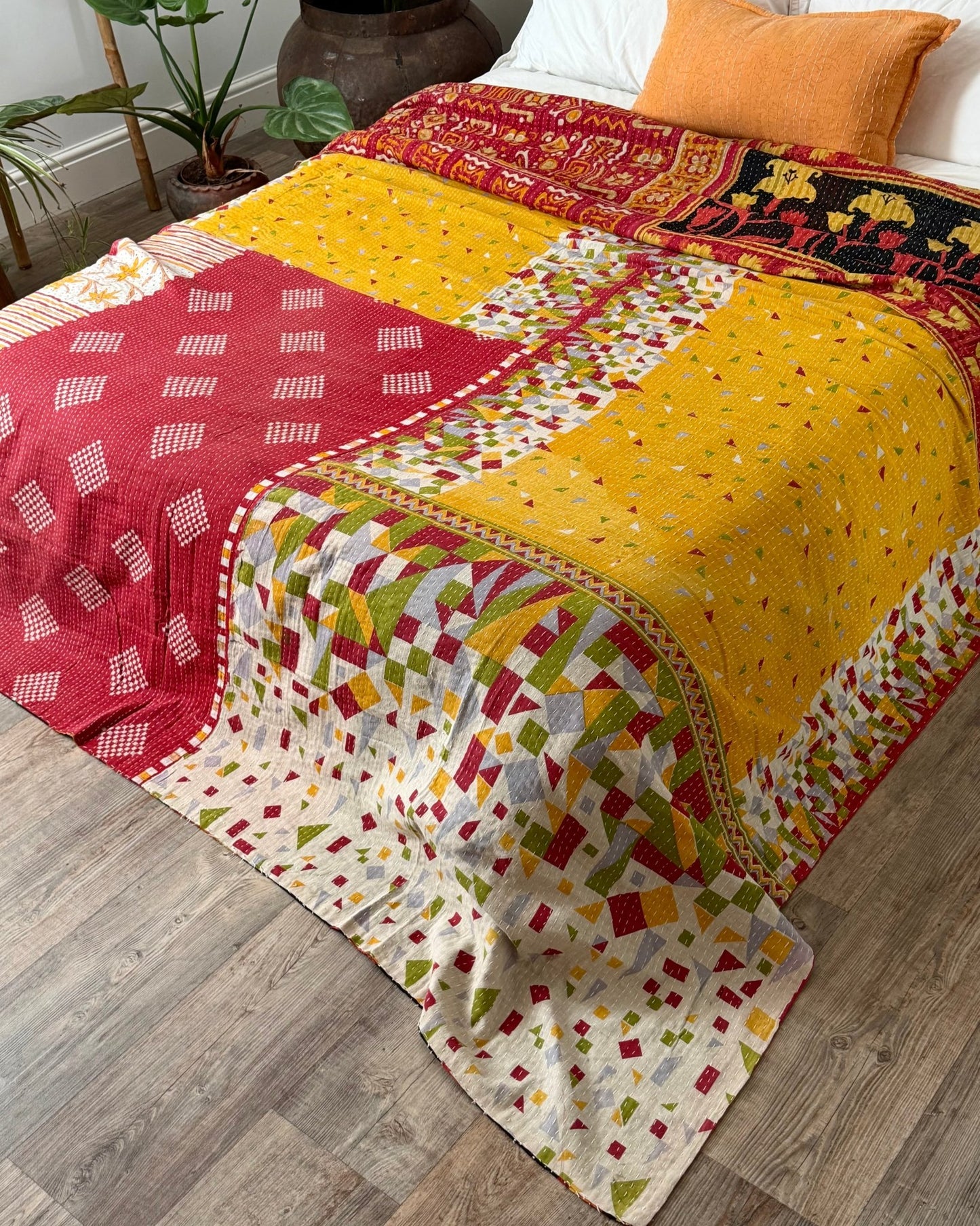 Super King Vintage Kantha Quilt in Orange, Black and Yellow - Biggs & Hill
