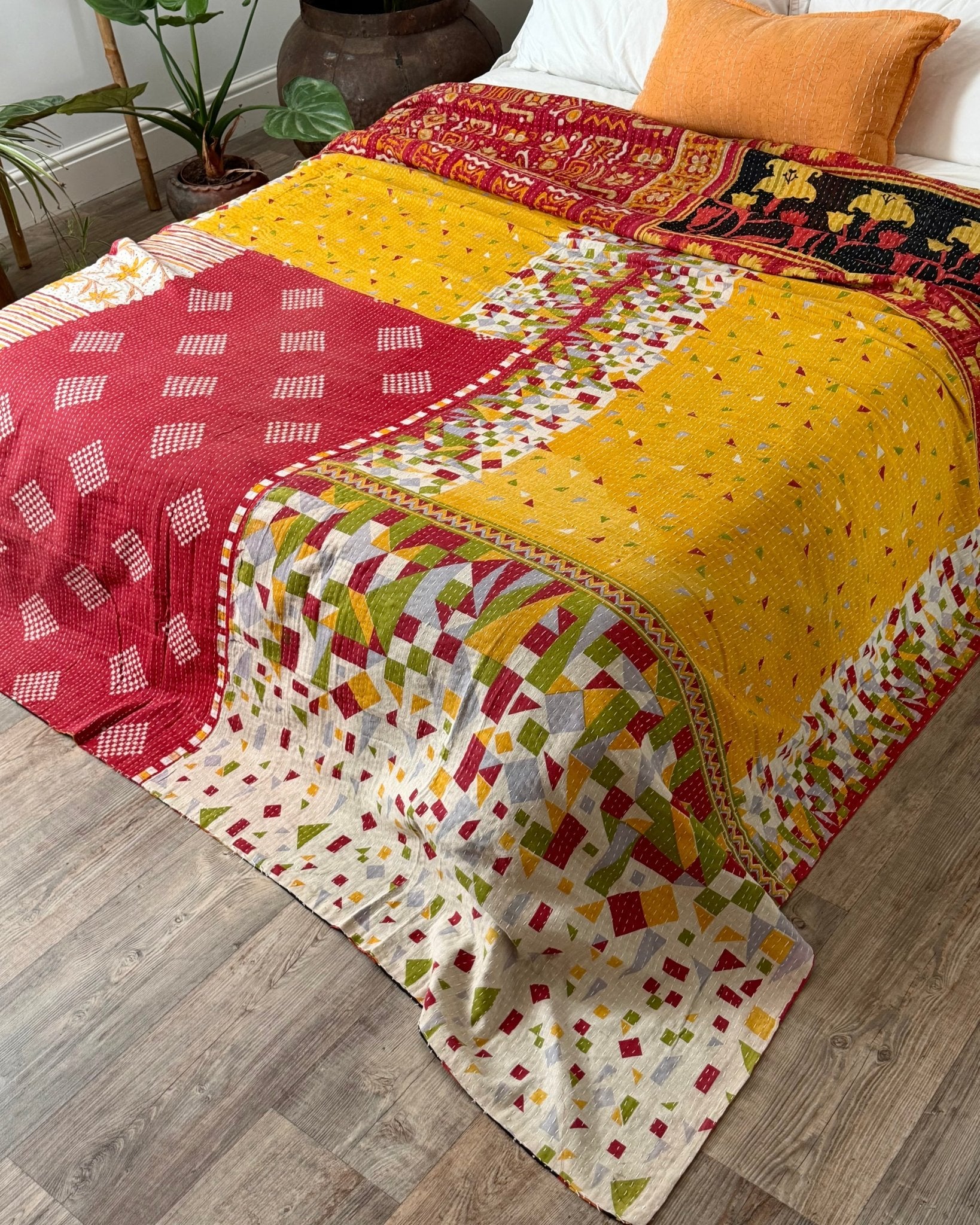 Super King Vintage Kantha Quilt in Orange, Black and Yellow - Biggs & Hill