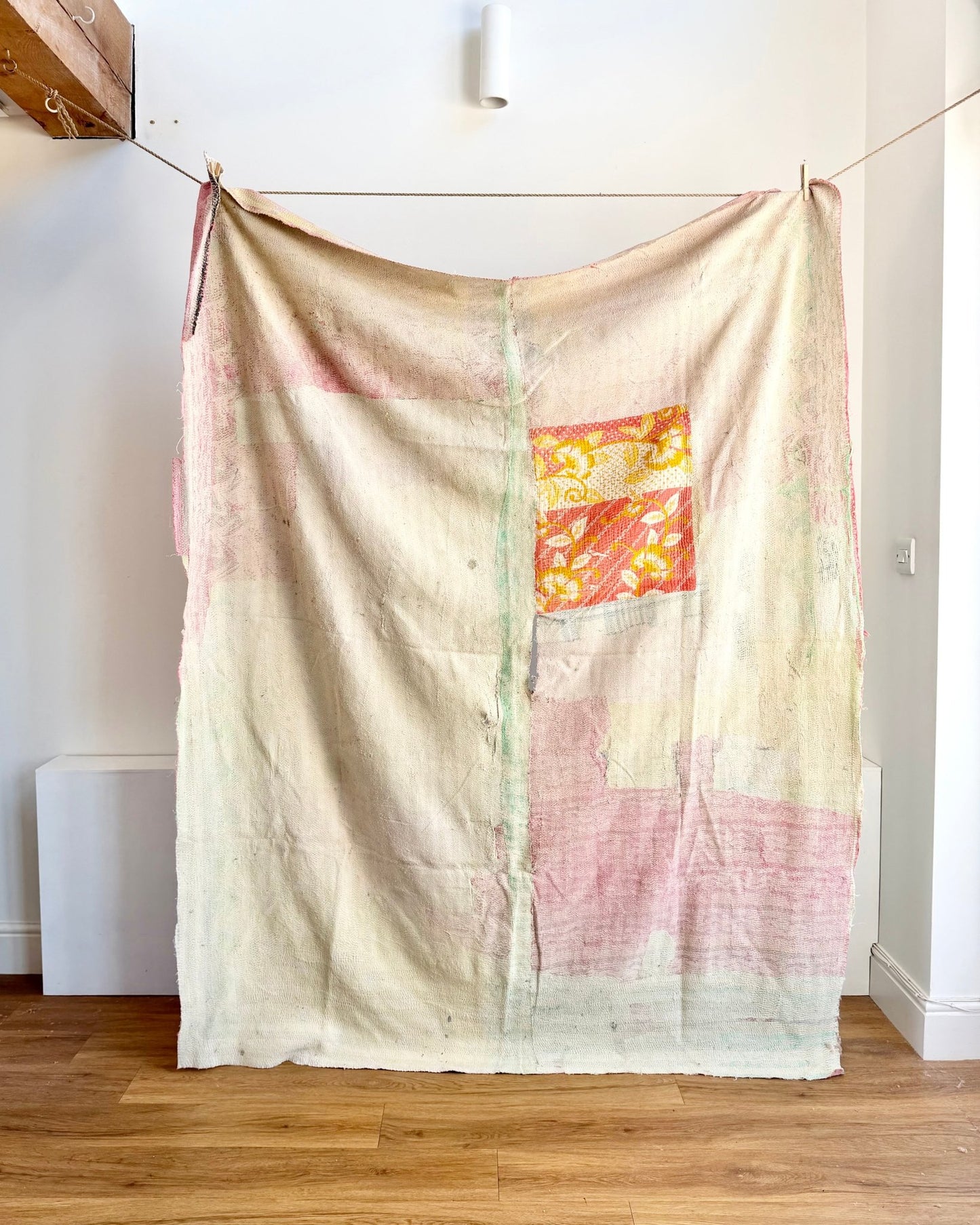 Project Kantha Quilt: Pink and Green With Authentic Aged Texture - Biggs & Hill