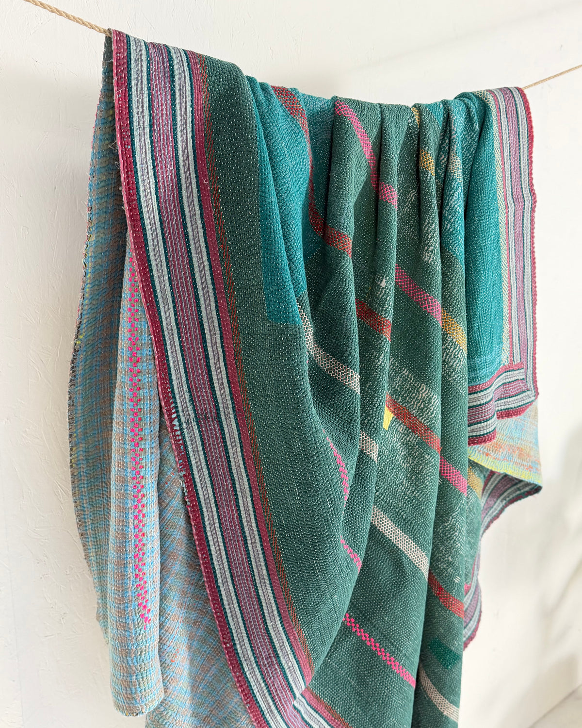 Extra Large Heavy Embroidered Vintage Kantha Quilt in Green and Blue