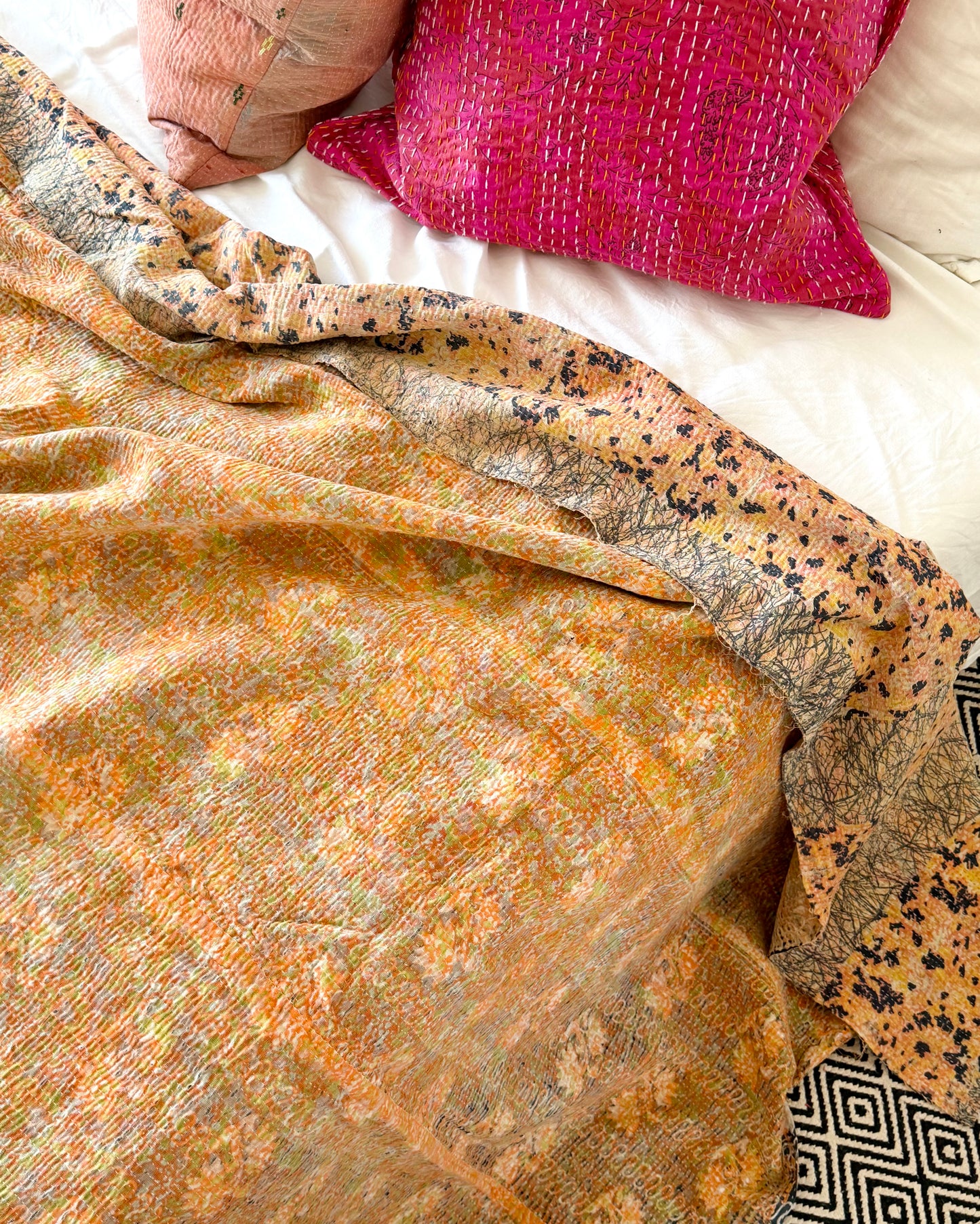 Extra Large Large Fine Stitched Vintage Kantha Quilt in Peachy Pink