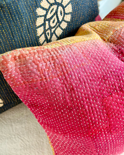 Vintage Kantha Cushion In Pink and Yellow - Small Rectangular