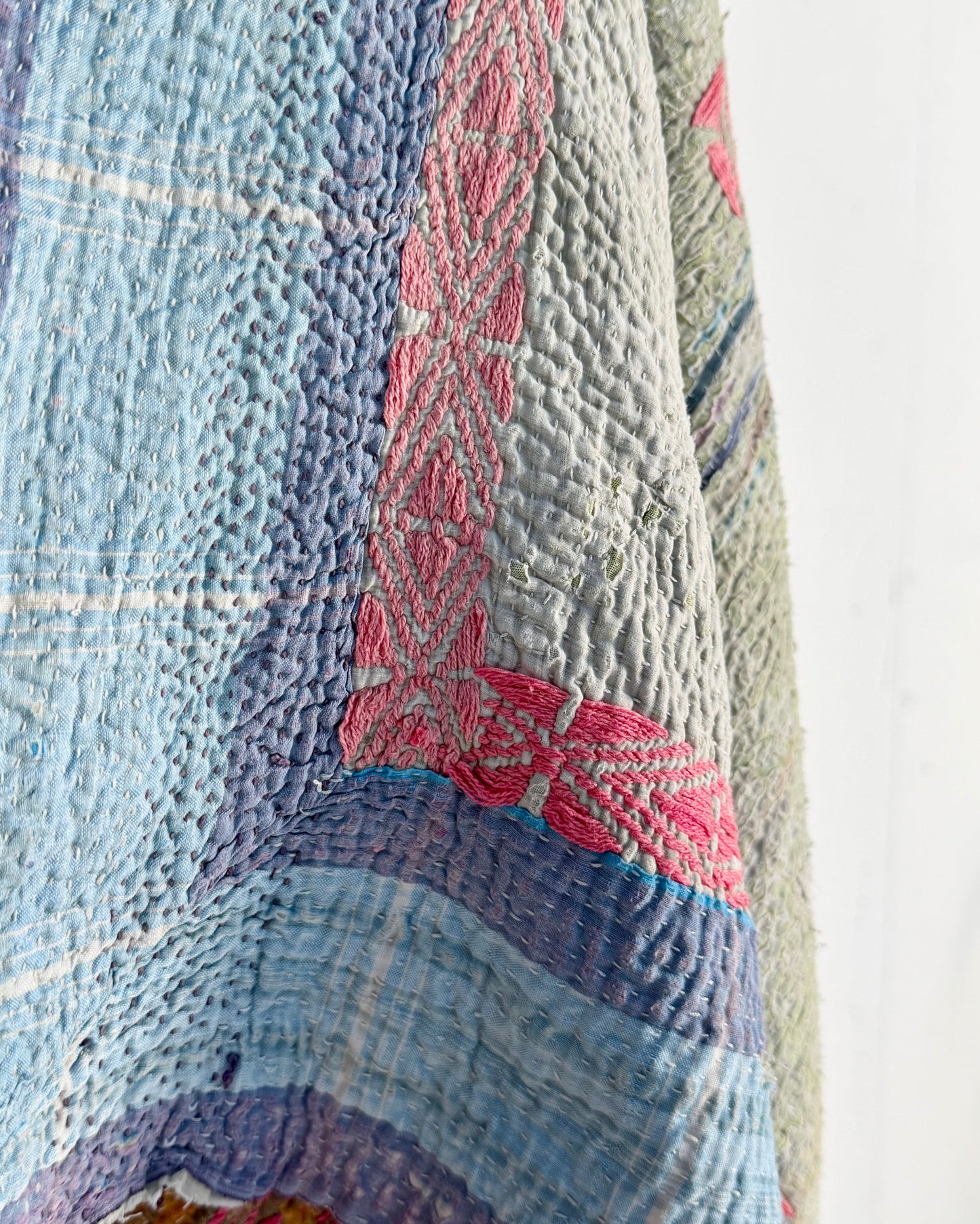 Embroidered Vintage Kantha Quilt in Yellow, Pink and White