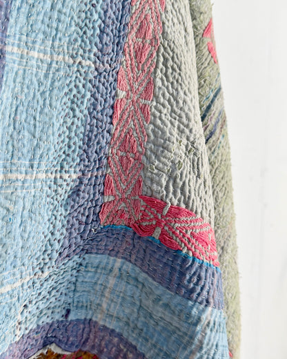 Embroidered Vintage Kantha Quilt in Yellow, Pink and White