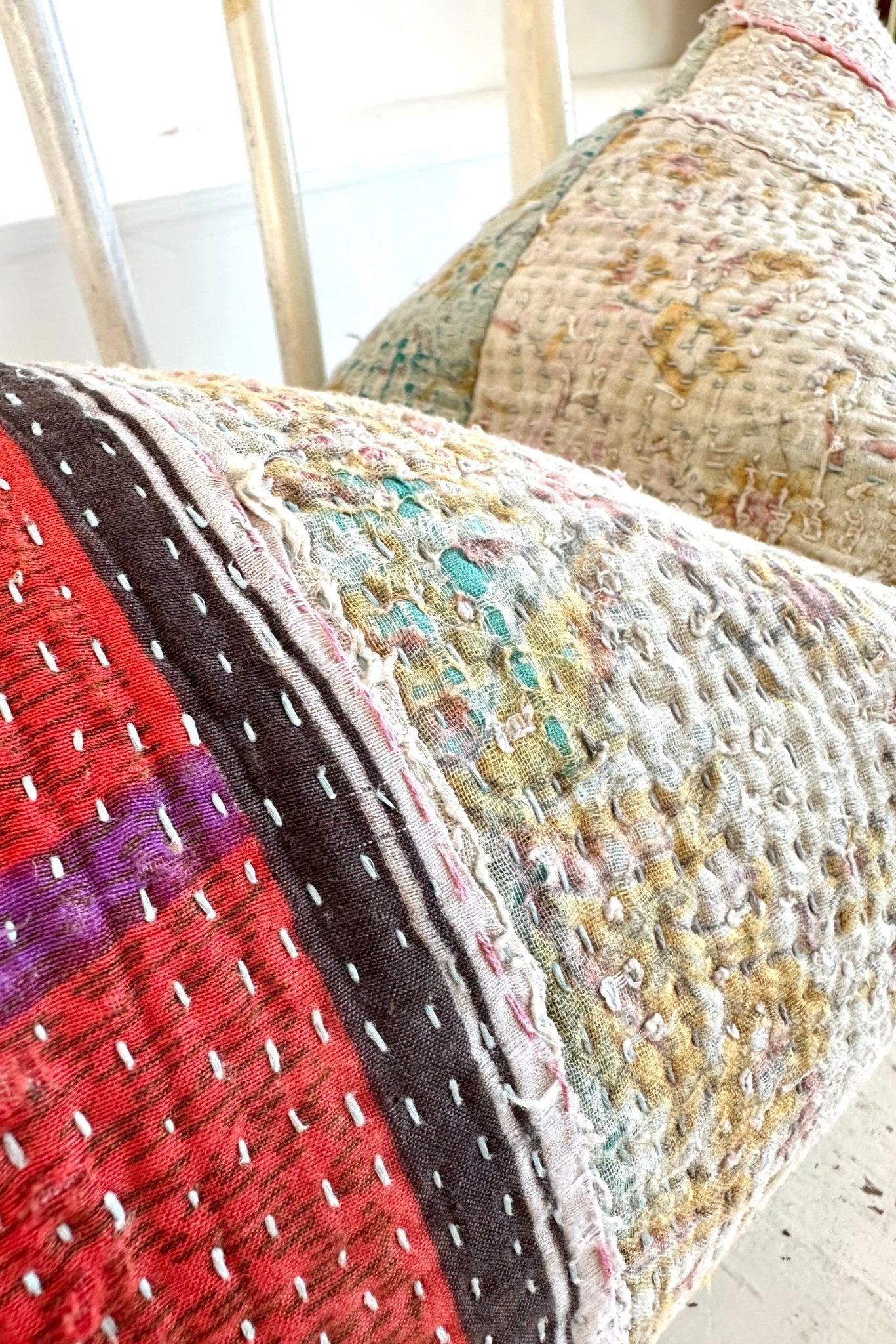 Vintage Kantha Cushion In Purple and Blue - Small Rectangular - Biggs & Hill