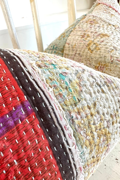 Vintage Kantha Cushion In Purple and Blue - Small Rectangular - Biggs & Hill