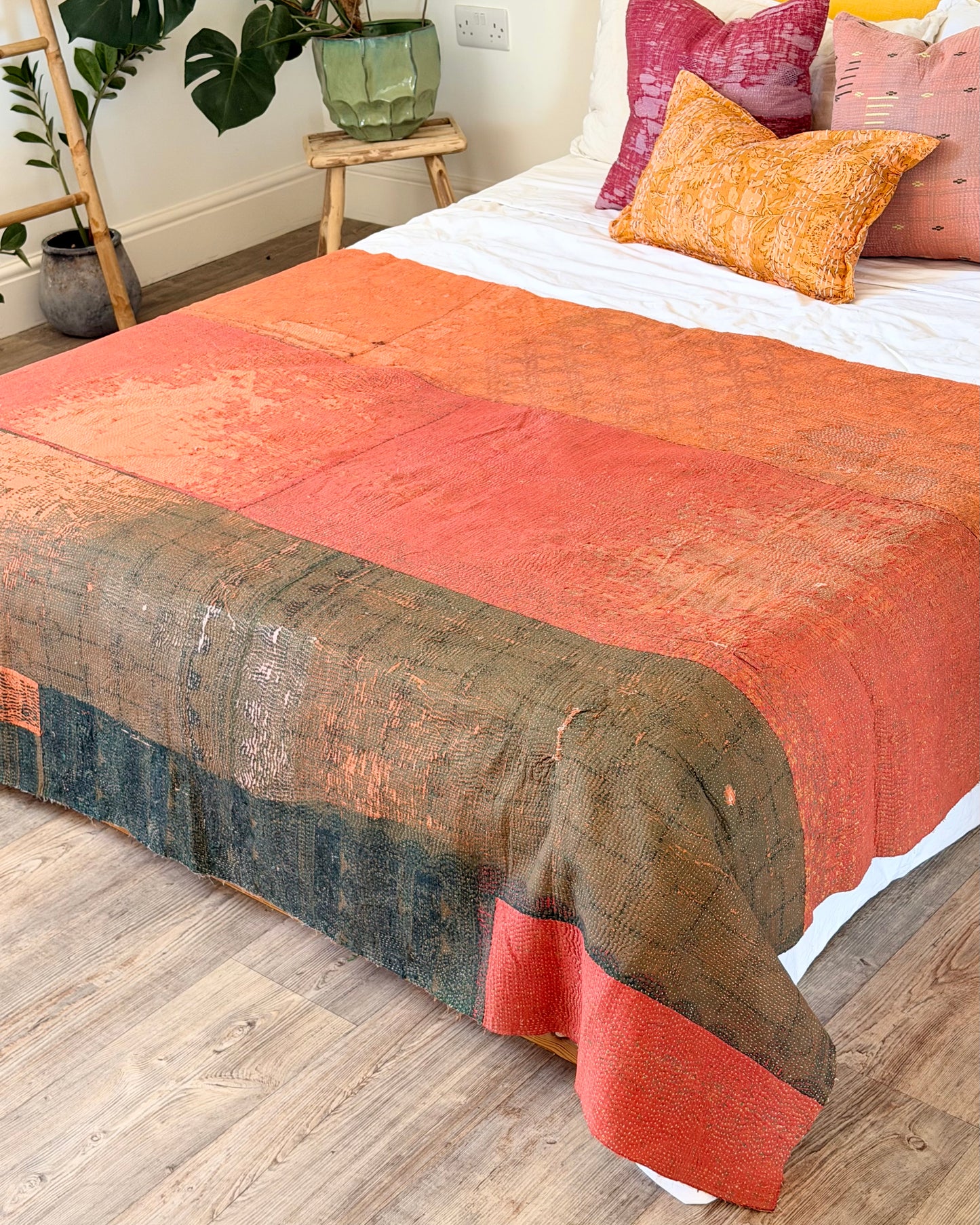 Ajrakh Printed Vintage Kantha Quilt In Orange And Green