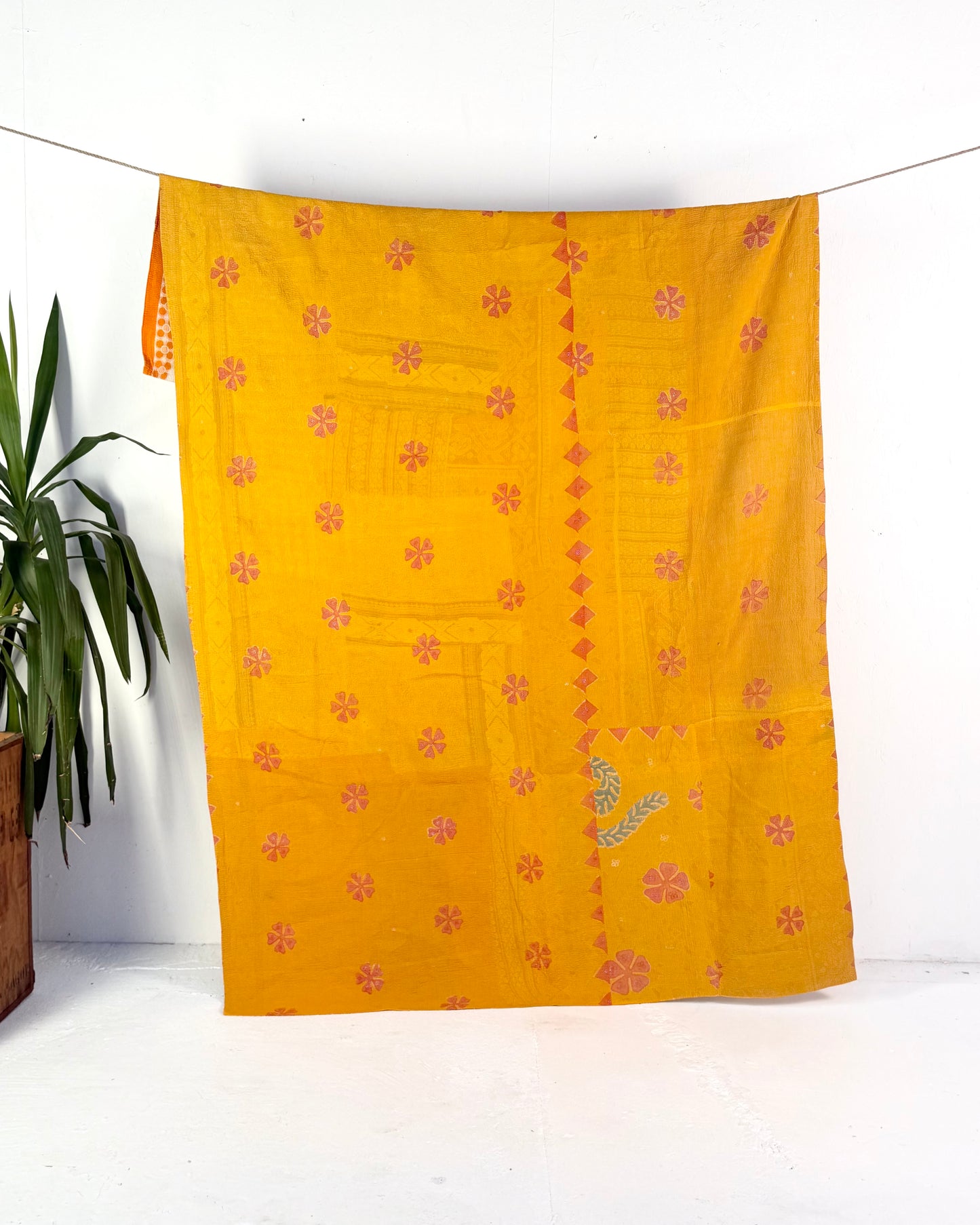 Extra Large Fine Stitched Vintage Kantha Quilt in Geometric Yellow and Orange
