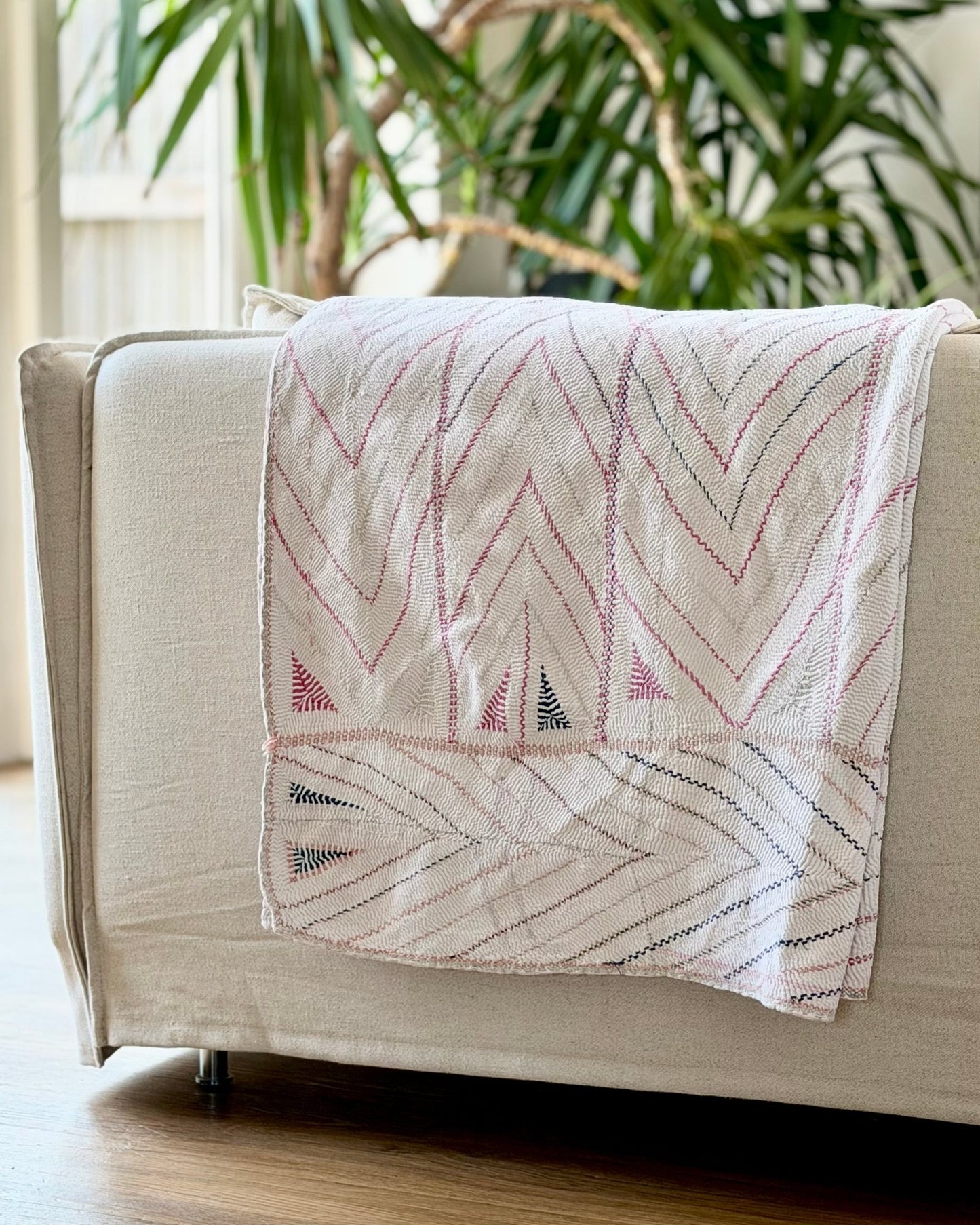 Large Antique Hand Embroidered White Nakshi Kantha From Bengal - Biggs & Hill