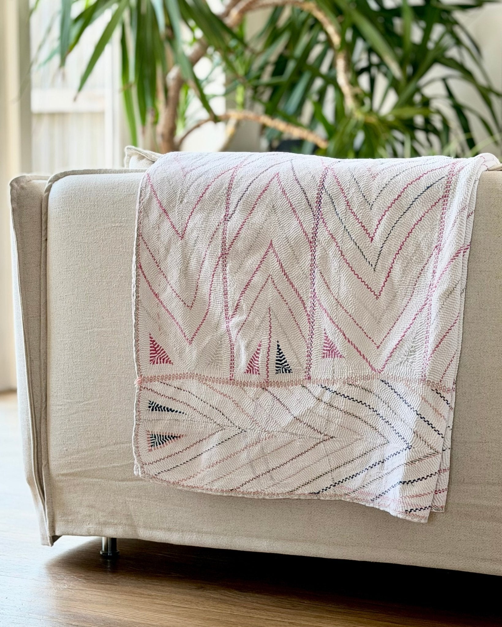 Large Antique Hand Embroidered White Nakshi Kantha From Bengal - Biggs & Hill