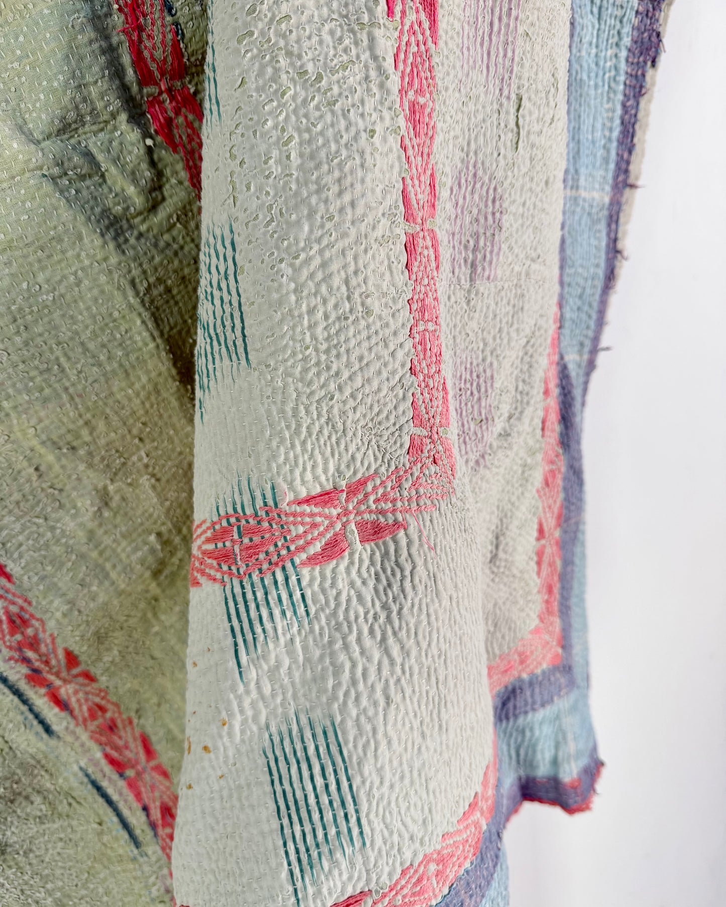Embroidered Vintage Kantha Quilt in Yellow, Pink and White