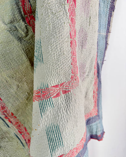 Embroidered Vintage Kantha Quilt in Yellow, Pink and White