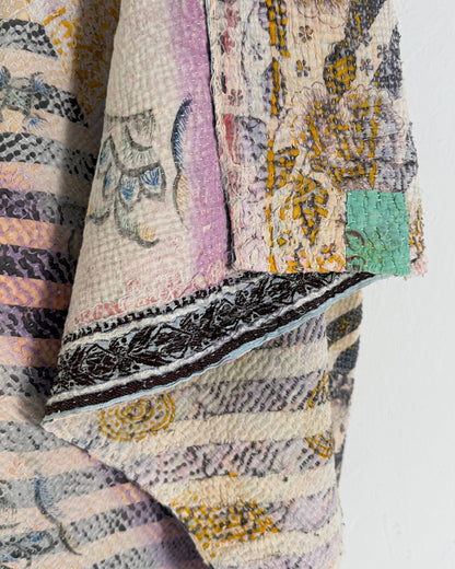 Textured Vintage Kantha Quilt in Pastel Floral with Grey Stripes - Biggs & Hill