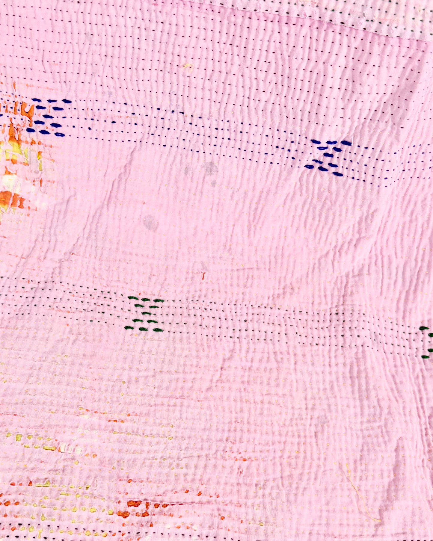 Project Kantha Quilt: Pink, Yellow and Green Patchwork With Authentic Aged Texture