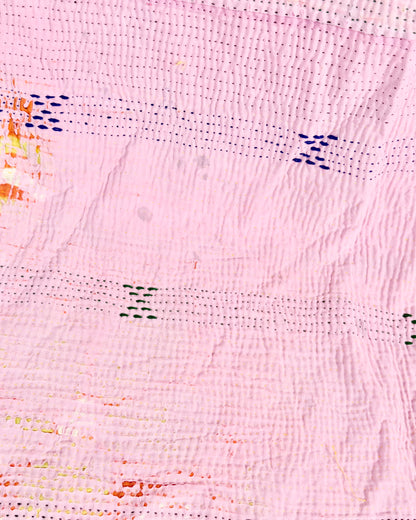 Project Kantha Quilt: Pink, Yellow and Green Patchwork With Authentic Aged Texture