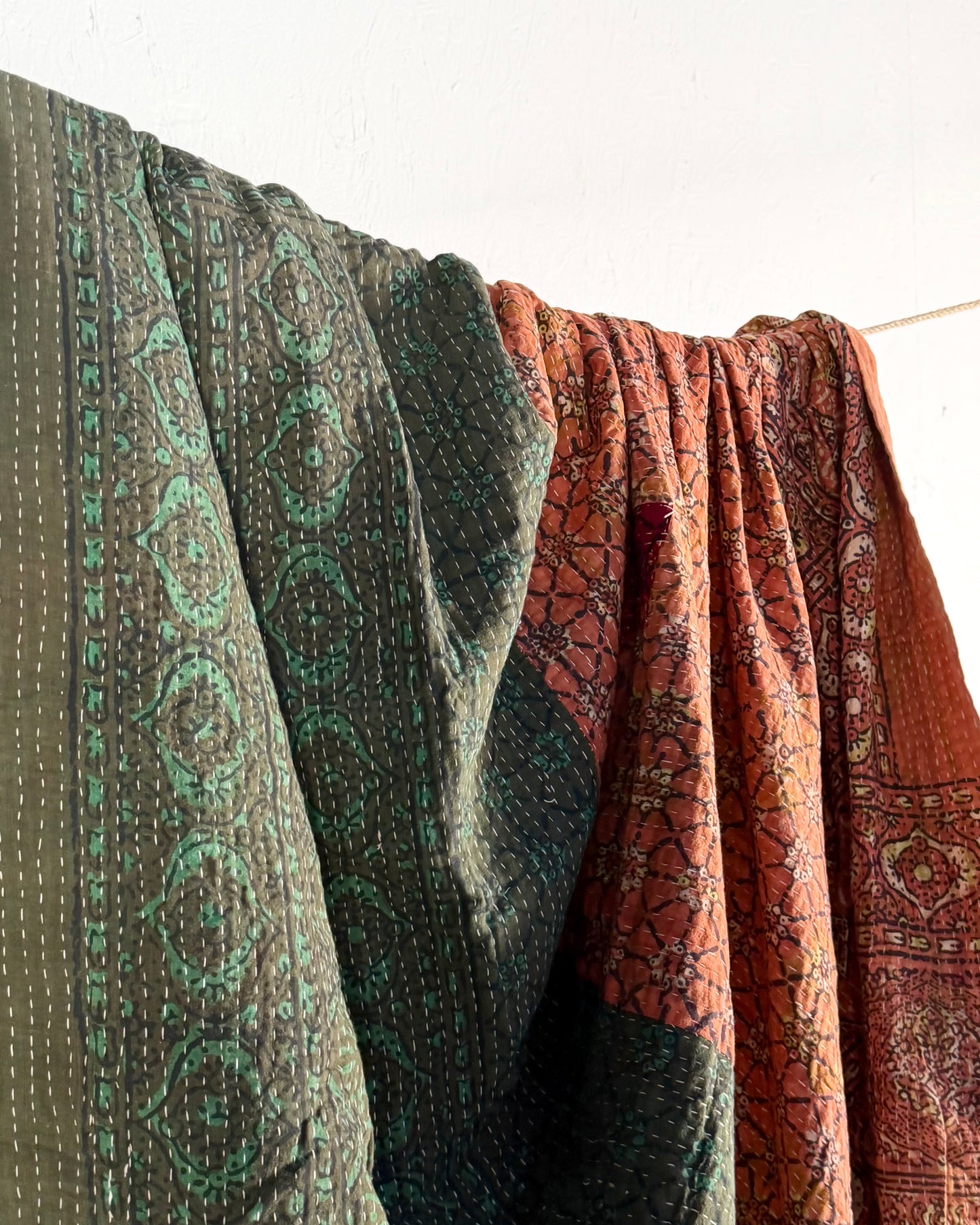 Project Kantha Quilt: Green and Orange with Ajrakh Print