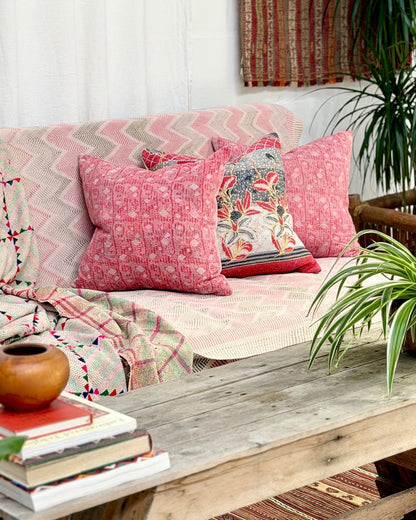 Handmade Vintage Kantha Cushion Cover In Pink- 45cm (18") Square - Biggs & Hill