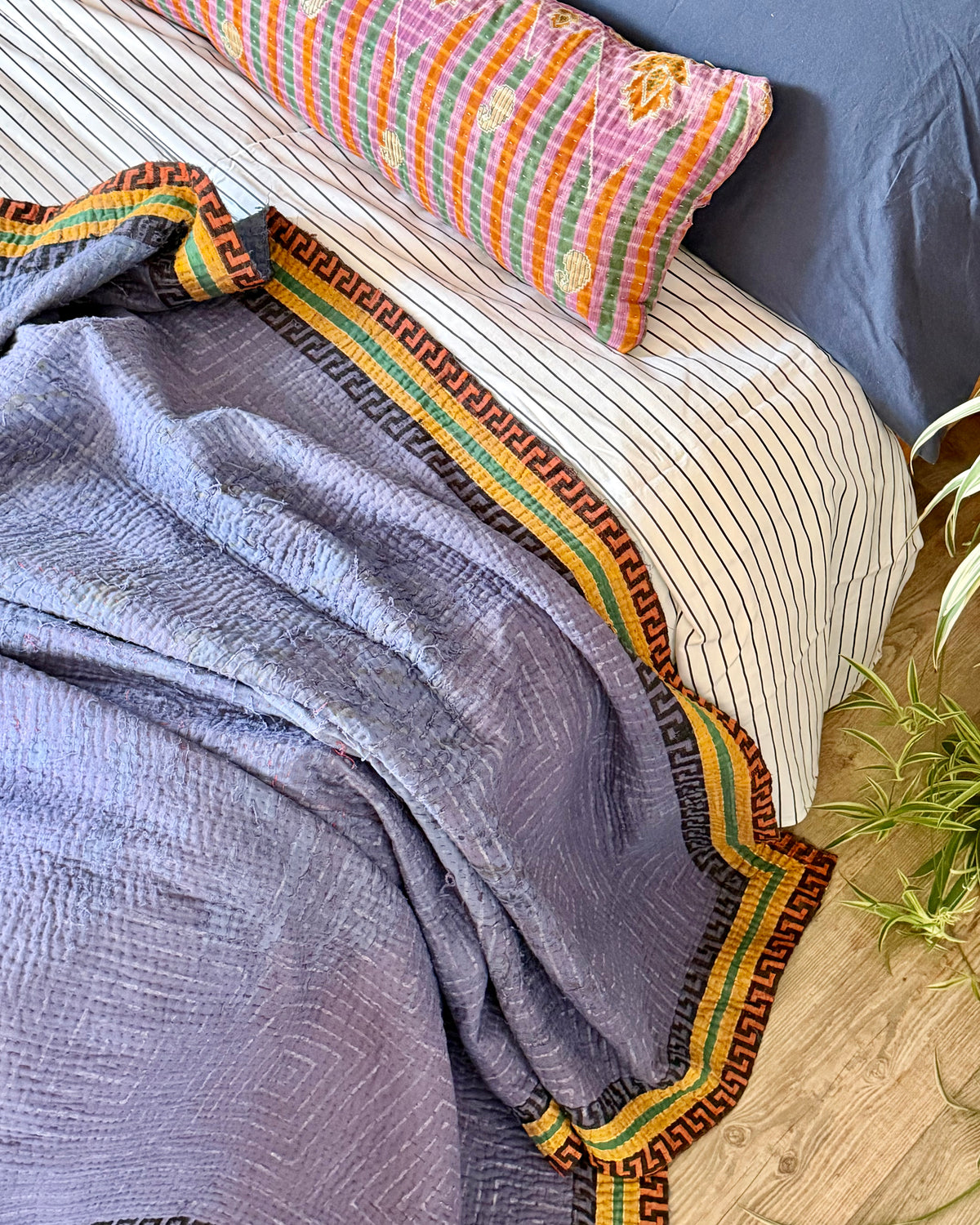 Indigo Print Kantha Quilt With Border