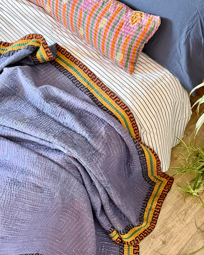 Indigo Print Kantha Quilt With Border