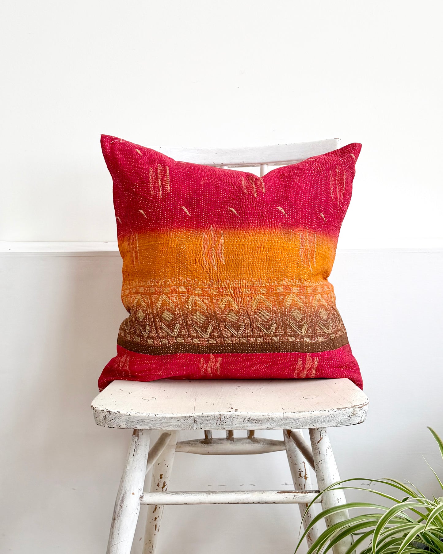 Vintage Kantha Cushion In Sunset Red and Orange - 45cm Square