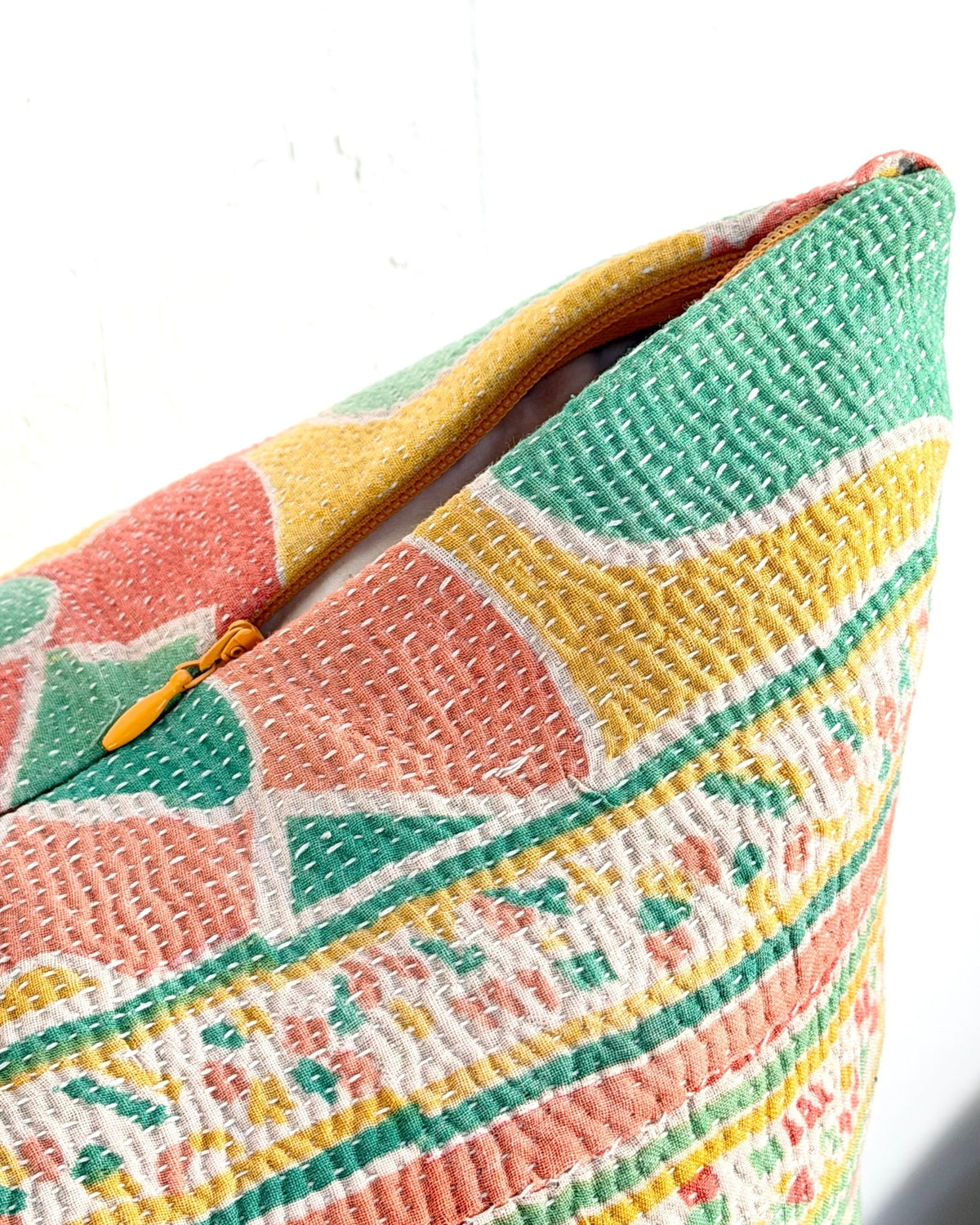 Handmade Vintage Kantha Cushion Cover In Green and Yellow - 45cm (18") Square - Biggs & Hill