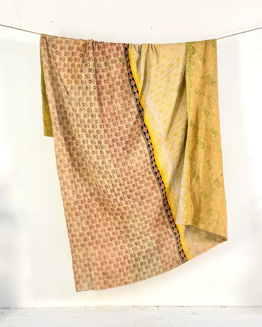 Extra Large Fine Stitched Vintage Kantha Quilt in Yellow and Green - Biggs & Hill