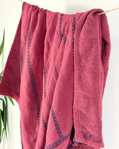 Fine Stitched Embroidered Vintage Kantha Quilt in Deep Plum Red - Biggs & Hill