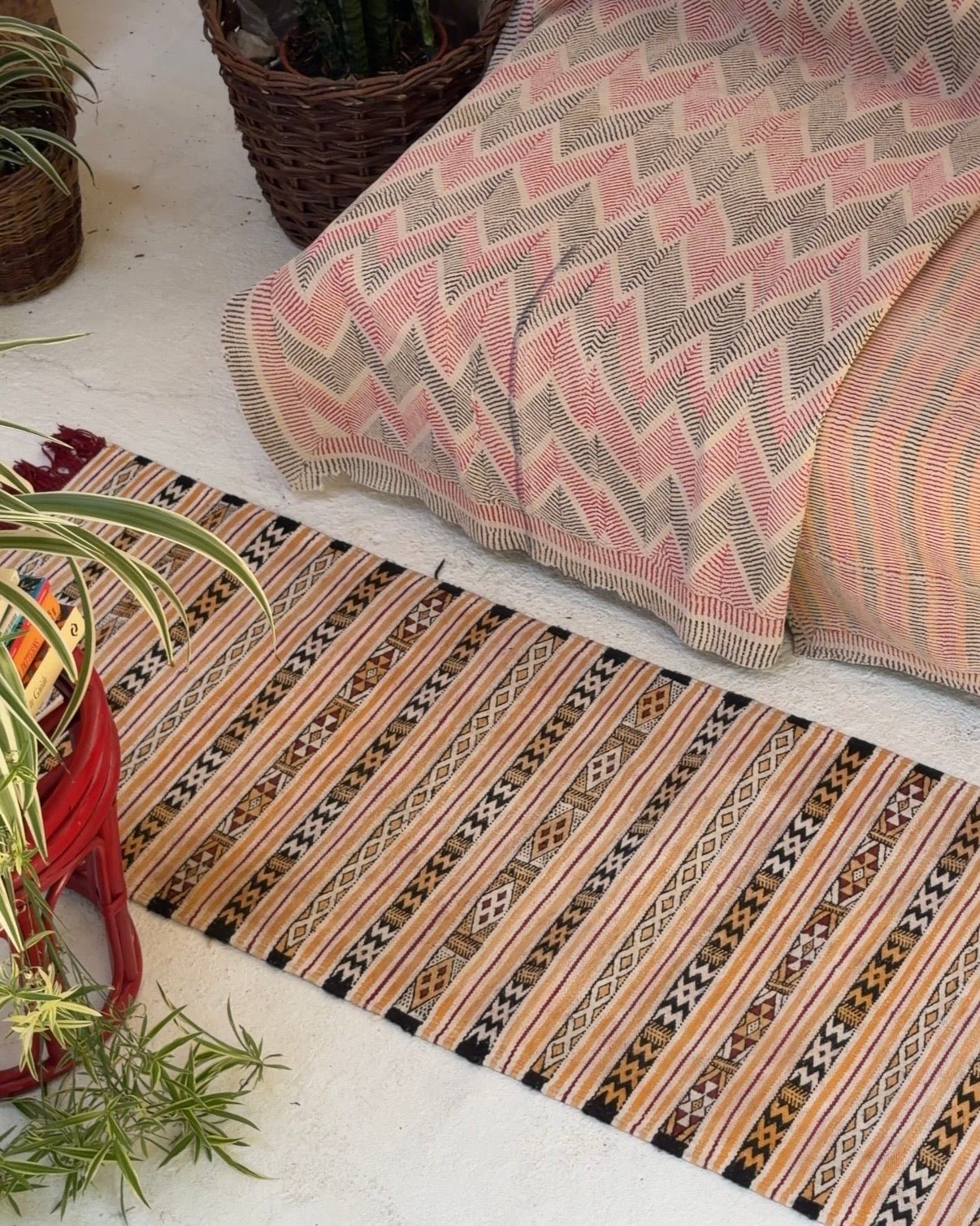 White and Yellow Vintage Turkish Cotton Kilim Runner - Biggs & Hill