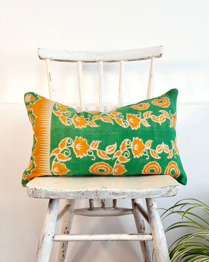 Vintage Kantha Cushion In Green and Orange - Small Rectangular