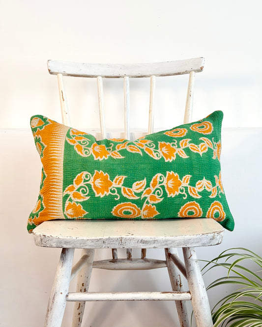 Vintage Kantha Cushion In Green and Orange - Small Rectangular