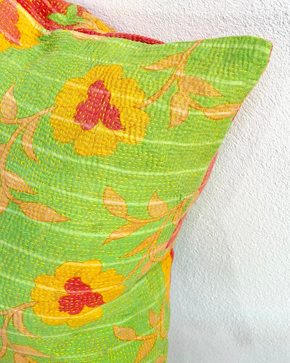 Handmade Reversible Vintage Kantha Cushion Cover In Green and Yellow - 45cm (18") - Biggs & Hill