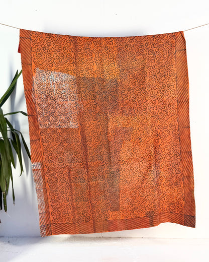 Ajrakh Printed Vintage Kantha Quilt In Orange And Green